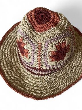 Handcrafted Crochet Sun Hat - Beige with Rust & Lilac Accents